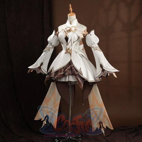 Genshin Impact Traveler Lumine cosplay dress balances geometric gold trim against brown multi-layered ruffled skirt.
