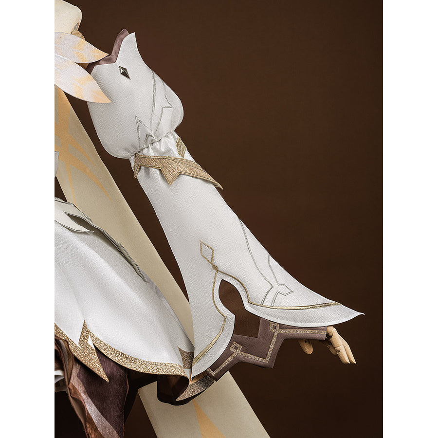 Side view of Lumine cosplay costume on mannequin, white robe with gold trim waistband and diamond brooch