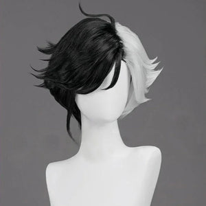 Two-toned short cosplay wig for Luna Snow. Half black, half white, with spiky, voluminous texture. 