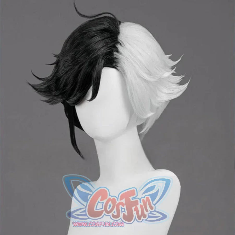 Two-toned short cosplay wig for Luna Snow. Half black, half white, with spiky, voluminous texture. 