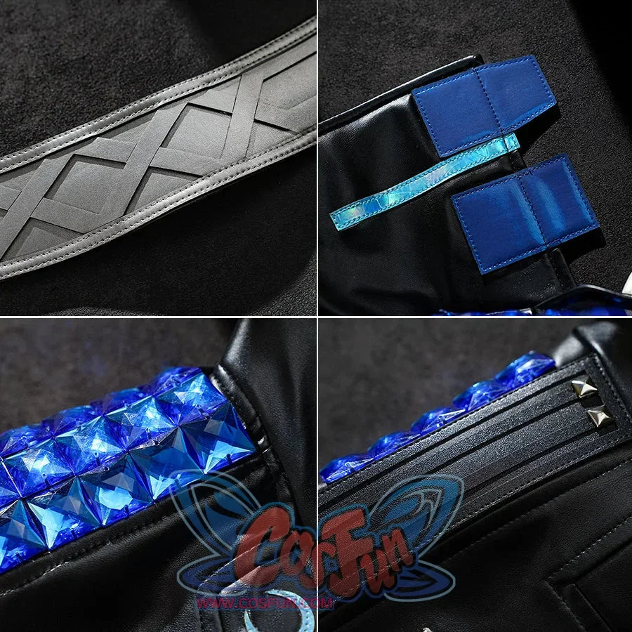 Close-up details of Luna Snow Seol Hee cosplay accessories: Textured straps, iridescent accents, and blue gem-ike decorations