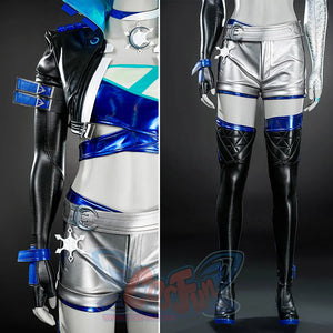 Luna Snow Seol Hee cosplay costume details: Black - blue jacket, silver shorts, and accessories, shown in close - up front and lower - body views.
