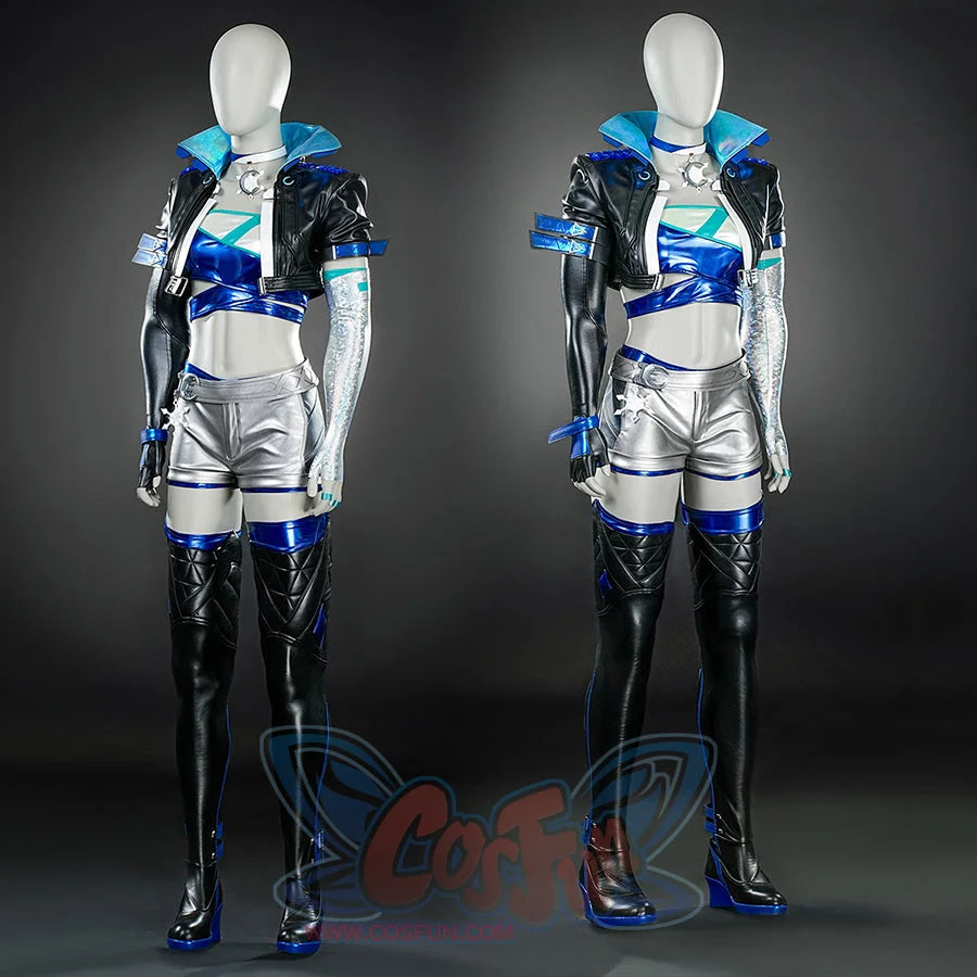 The front view of Luna Snow Seol Hee costume shows a stylish outfit with a black and blue cropped jacket, a matching top, silver shorts, and detailed accessories.