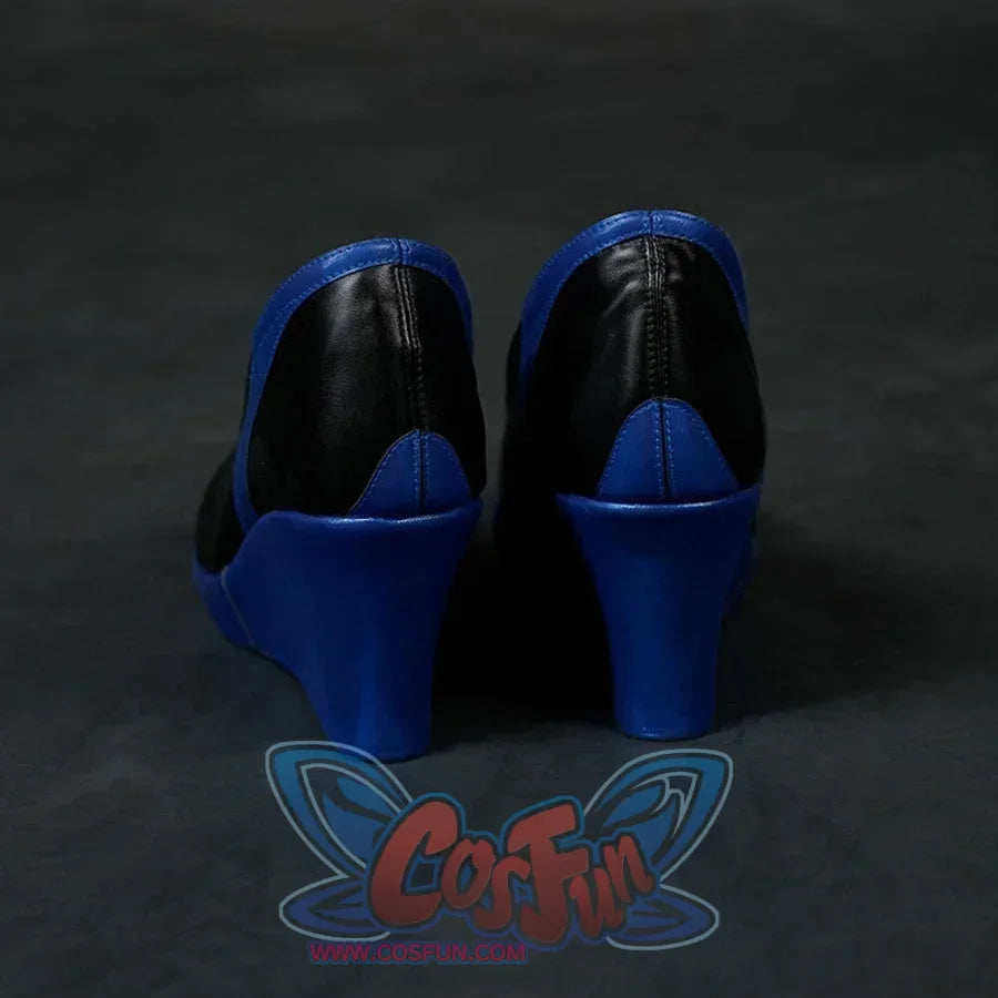 The back view of Luna Snow Seol Hee cosplay shoes reveals blue-trimmed black leather and a structured blue wedge heel, highlighting meticulous craftsmanship