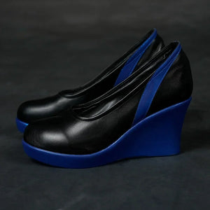 Luna Snow Seol Hee cosplay shoes feature a sleek black upper with blue accents and a bold blue wedge heel, showcasing a stylish design