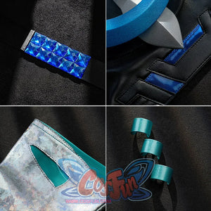 Close-up details of Luna Snow Seol Hee cosplay accessories: Blue gem-like pieces, iridescent textures, and teal loops.