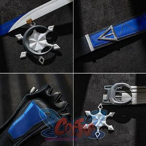 Close-up of Luna Snow Seol Hee cosplay accessories: Pendants, belts, and gloves with blue accents.