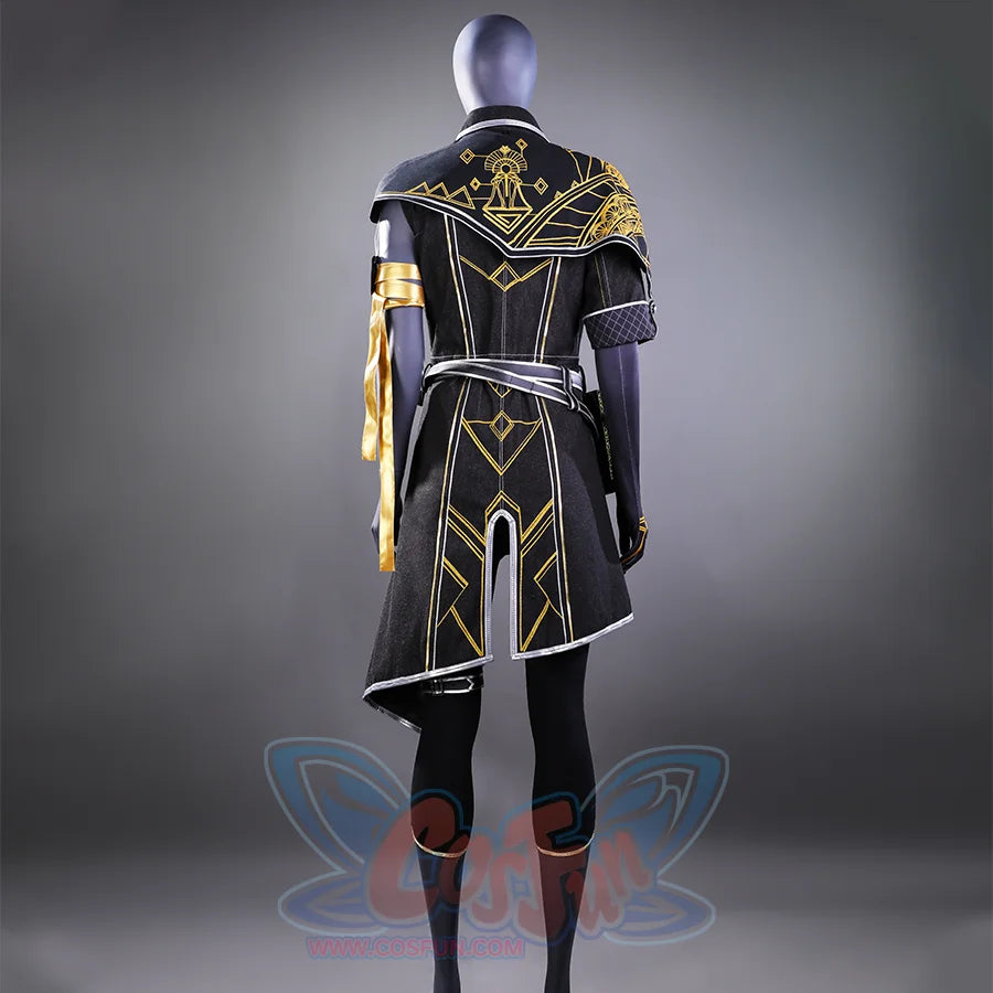 A comprehensive view of Lune's cosplay costume, presenting a striking combination of black, gold, and white elements that convey both elegance and a sense of mystery.