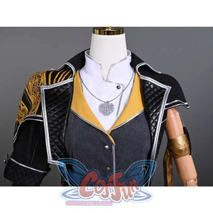 A frontal view of the Lune cosplay costume, highlighting the combination of the white inner-shirt, yellow-trimmed vest, and black outer-garment, along with the detailed silver necklace.