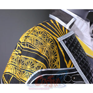 This close-up focuses on the shoulder pattern of Lune's cosplay costume, highlighting the intricate gold design on the black fabric.