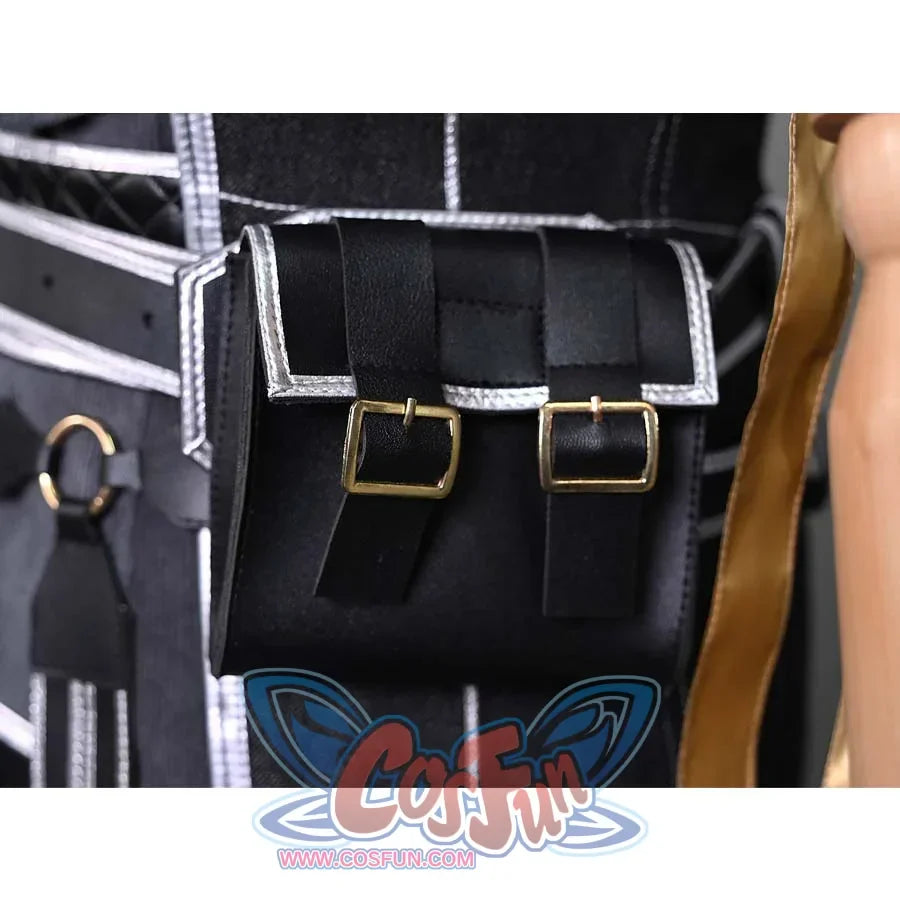 A close-up of the waist pouch on the Lune cosplay costume, featuring black leather material with gold-colored buckles, showing the fine craftsmanship.