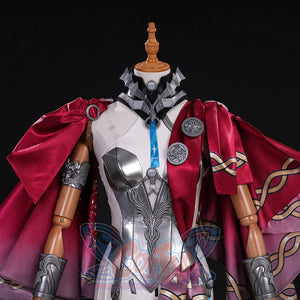 Focuses on the intricate silver chest armor, blue pendant, and cape emblems, showcasing detailed front decor.