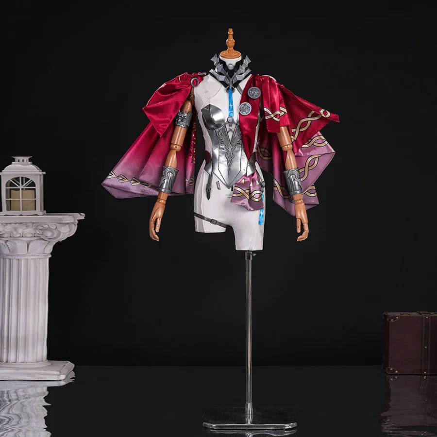 Showcases Lupa’s complete outfit—white armor-styled dress, gradient red-purple cape, and metallic arm guards. Ideal for fantasy-themed cosplay.