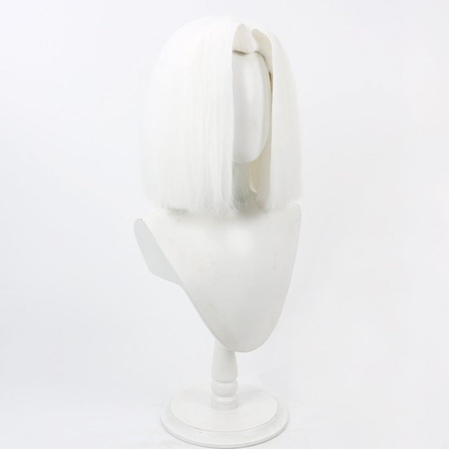 Hazbin Hotel Lute cosplay wig, short straight silver bob hairstyle, side view on mannequin