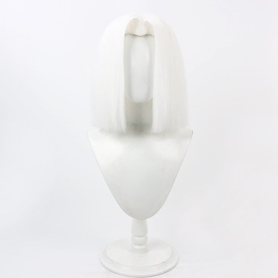 Hazbin Hotel Lute cosplay wig, short straight silver bob, top angled view on white mannequin