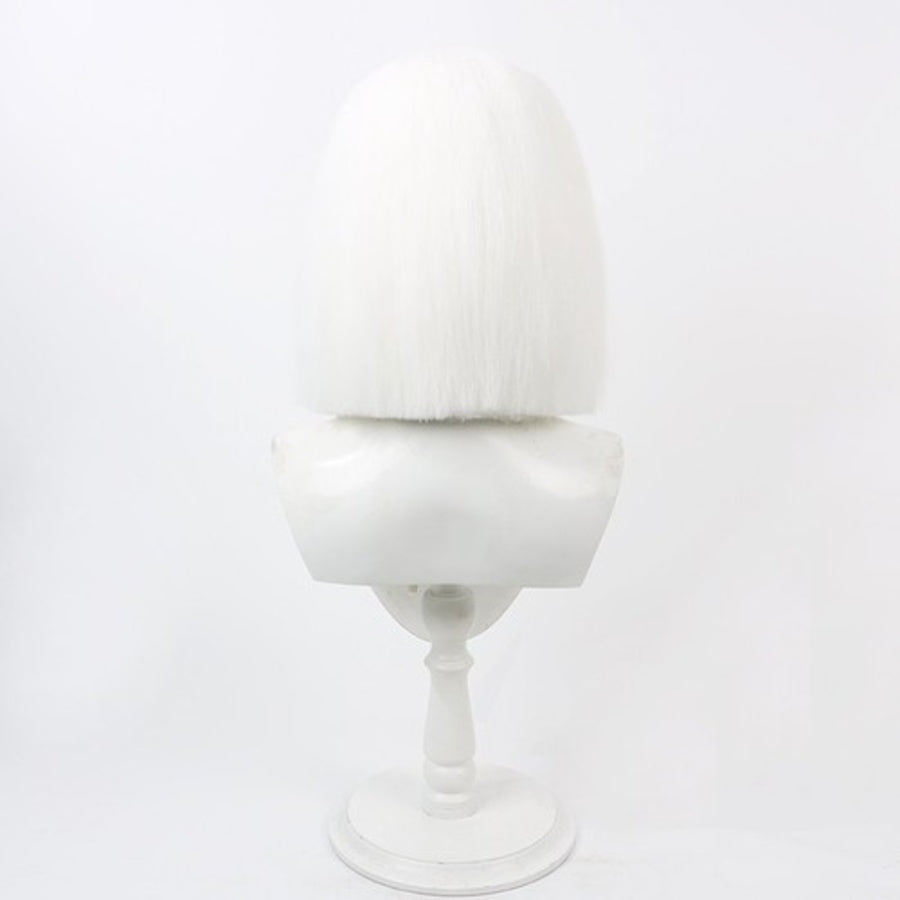 Hazbin Hotel Lute cosplay wig, short silver bob, back and top view showing hair texture