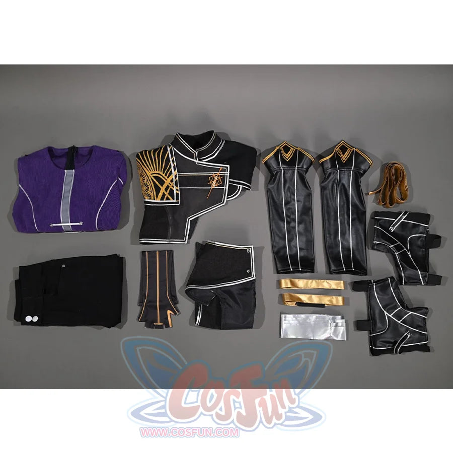 Maelle Cosplay Costume includes top, jacket, badge, leg covers, armband, shoe covers, pants, gloves, waistband, yellow leg bands, gray leg bands.