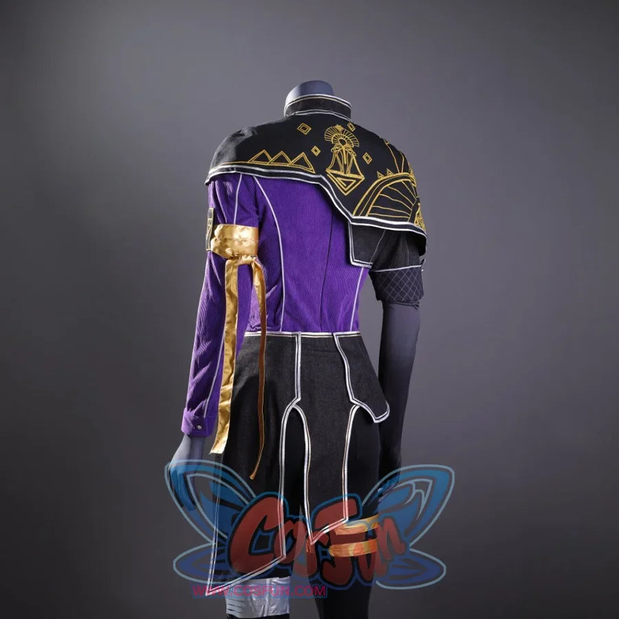 Maelle cosplay costume's back view showing the detailed gold patterns on the black shoulder sections and the distinctive design of the purple top.