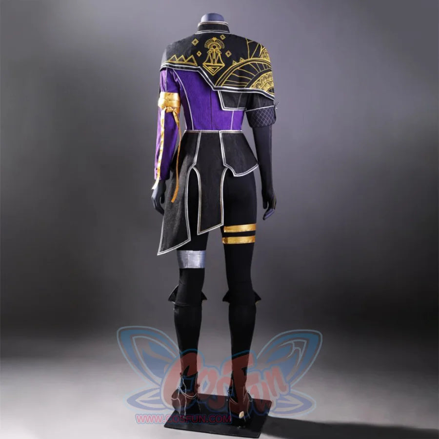 Front view of Maelle cosplay costume, presenting a striking combination of purple, black, and gold elements that convey both elegance and a sense of adventure.