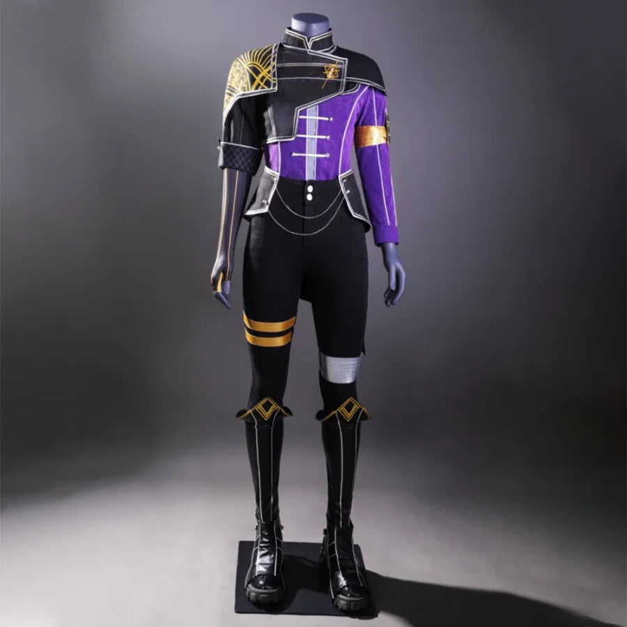 Front view of Maelle cosplay costume, presenting a striking combination of purple, black, and gold elements that convey both elegance and a sense of adventure.
