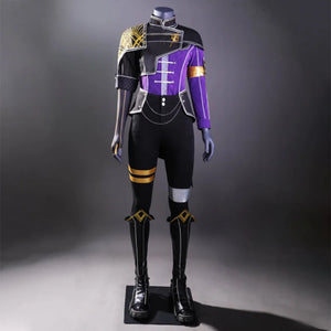 Front view of Maelle cosplay costume, presenting a striking combination of purple, black, and gold elements that convey both elegance and a sense of adventure.