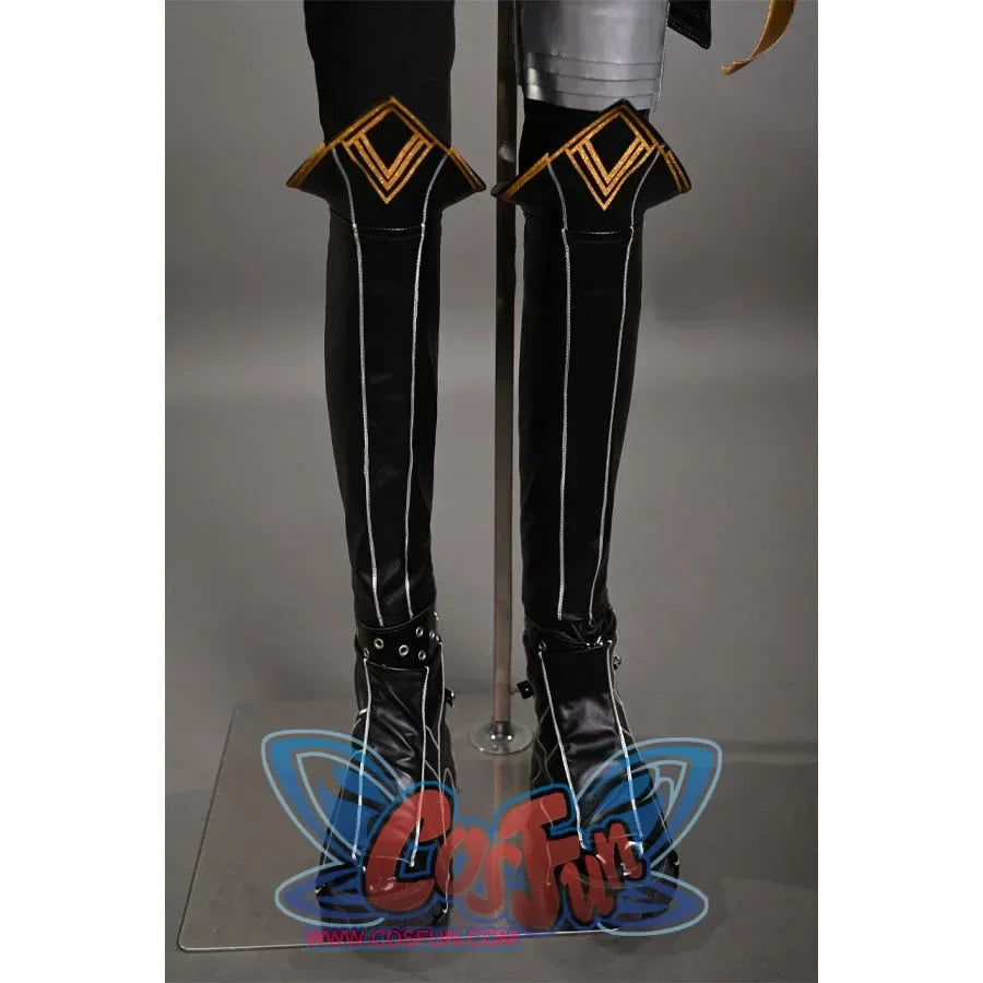 The leg covers and shoe cover are made of black leather with white stripes, and the top of the leg cover has a gold stripe.