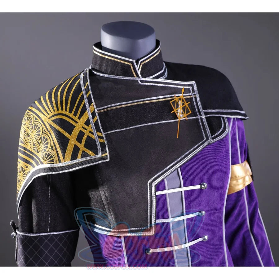 A close-up of the chest part of Maelle cosplay costume, revealing the gold patterns and the silver buttons on the purple upper garment.