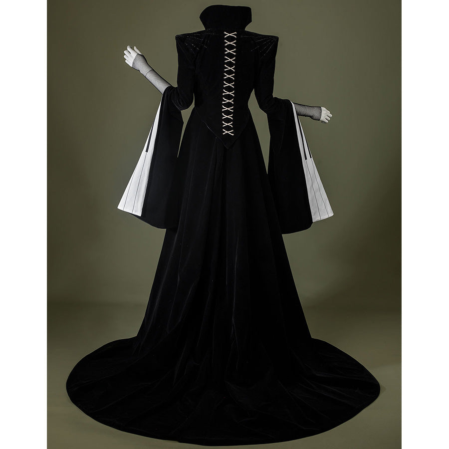 Black velvet Maestro cosplay costume with white piano key pattern, back view