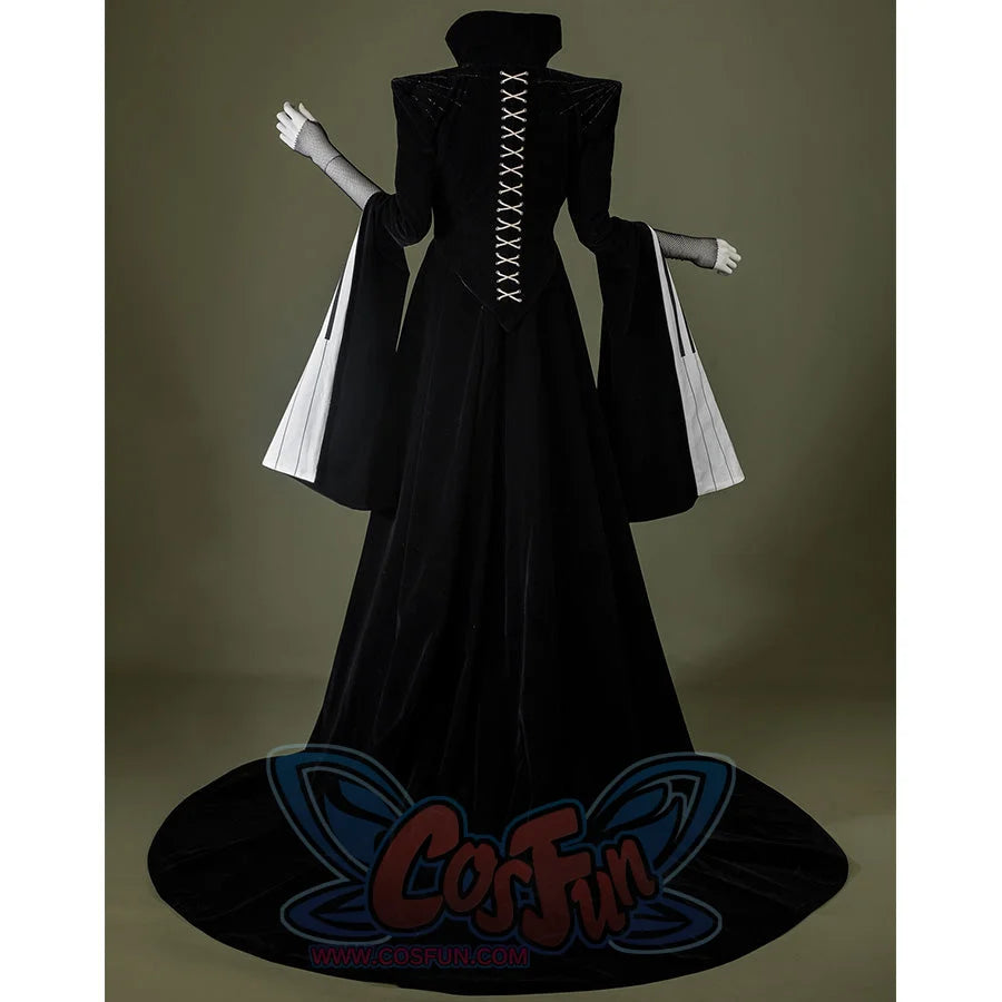 Black velvet Maestro cosplay costume with white piano key pattern, back view