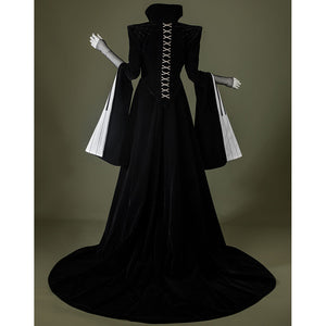 Black velvet Maestro cosplay costume with white piano key pattern, back view