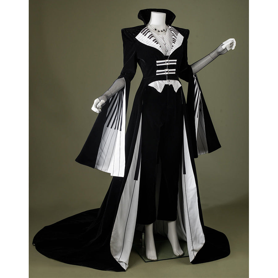Black velvet Maestro cosplay costume with white piano key pattern, side view