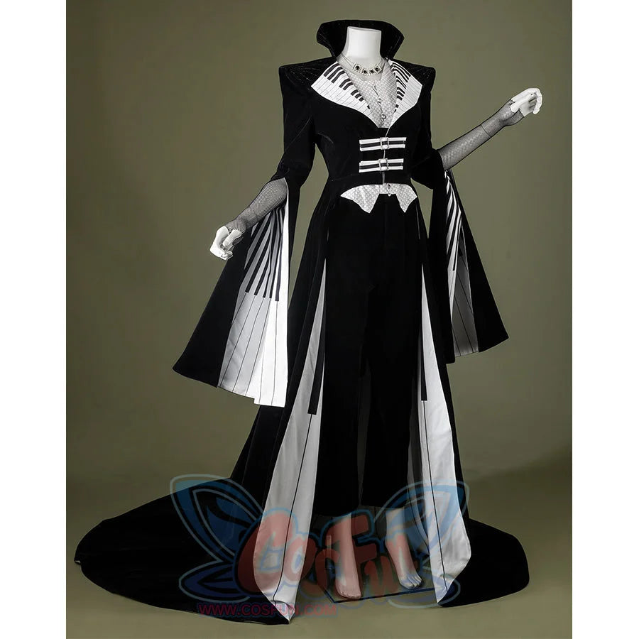 Black velvet Maestro cosplay costume with white piano key pattern, side view