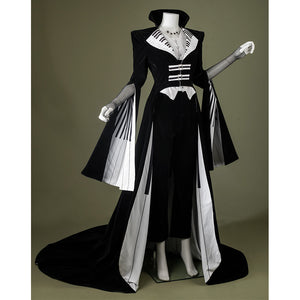 Black velvet Maestro cosplay costume with white piano key pattern, side view