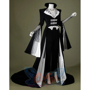 Black velvet Maestro cosplay costume with white piano key pattern, side view