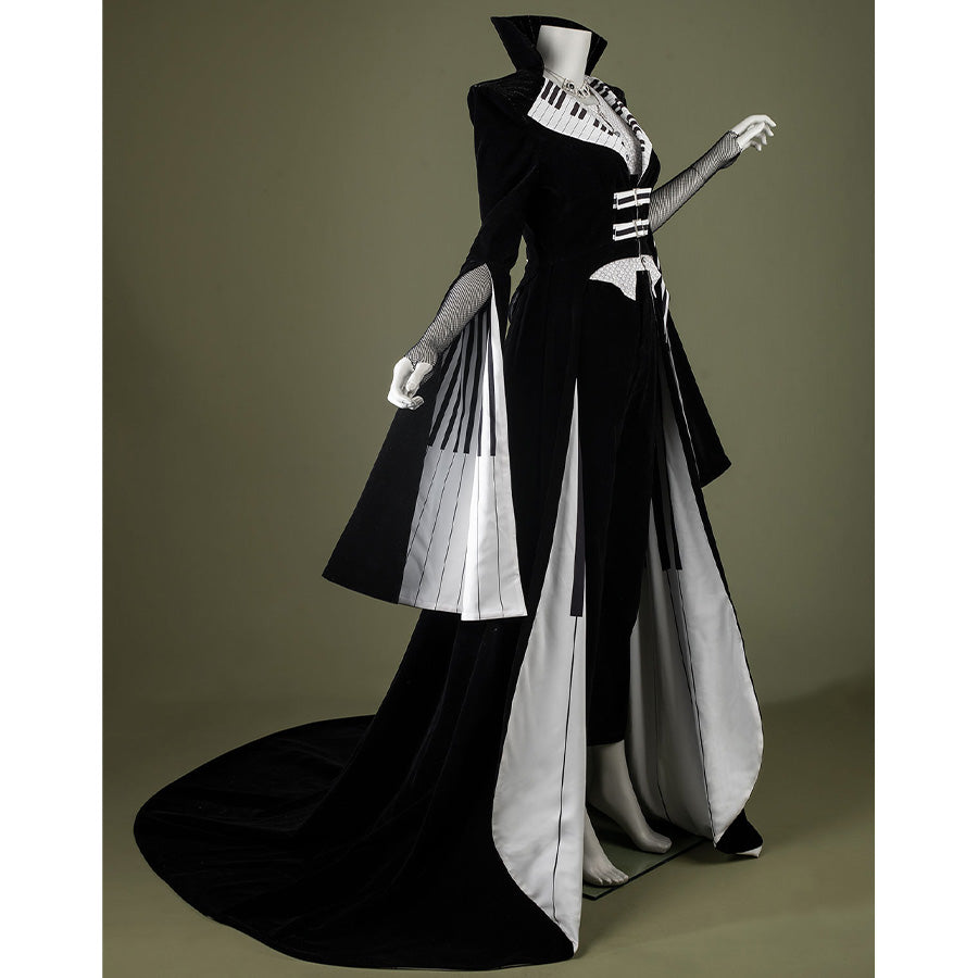 Black velvet Maestro cosplay costume with white piano key pattern, side view