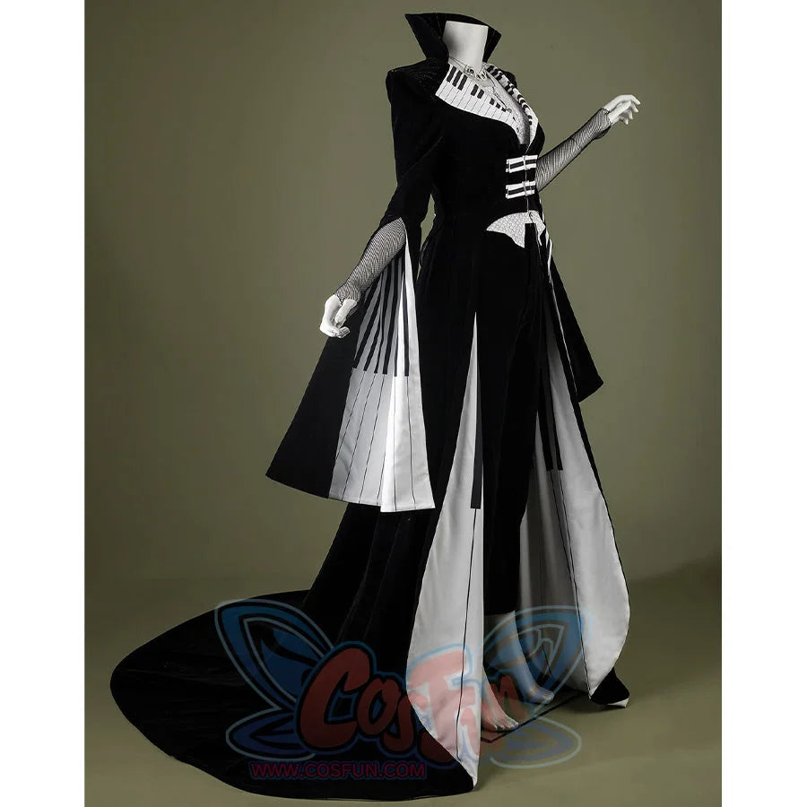 Black velvet Maestro cosplay costume with white piano key pattern, side view