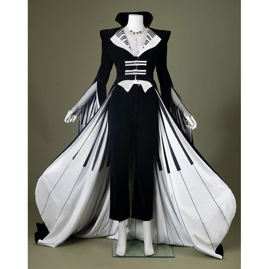 Black velvet Maestro cosplay costume with white piano key pattern, front view