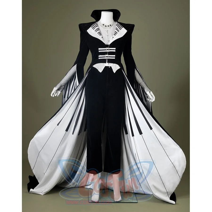 Black velvet Maestro cosplay costume with white piano key pattern, front view