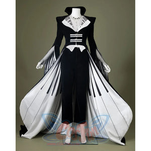 Full skirt view of Maestro cosplay costume in black velvet with white piano key pattern decoration