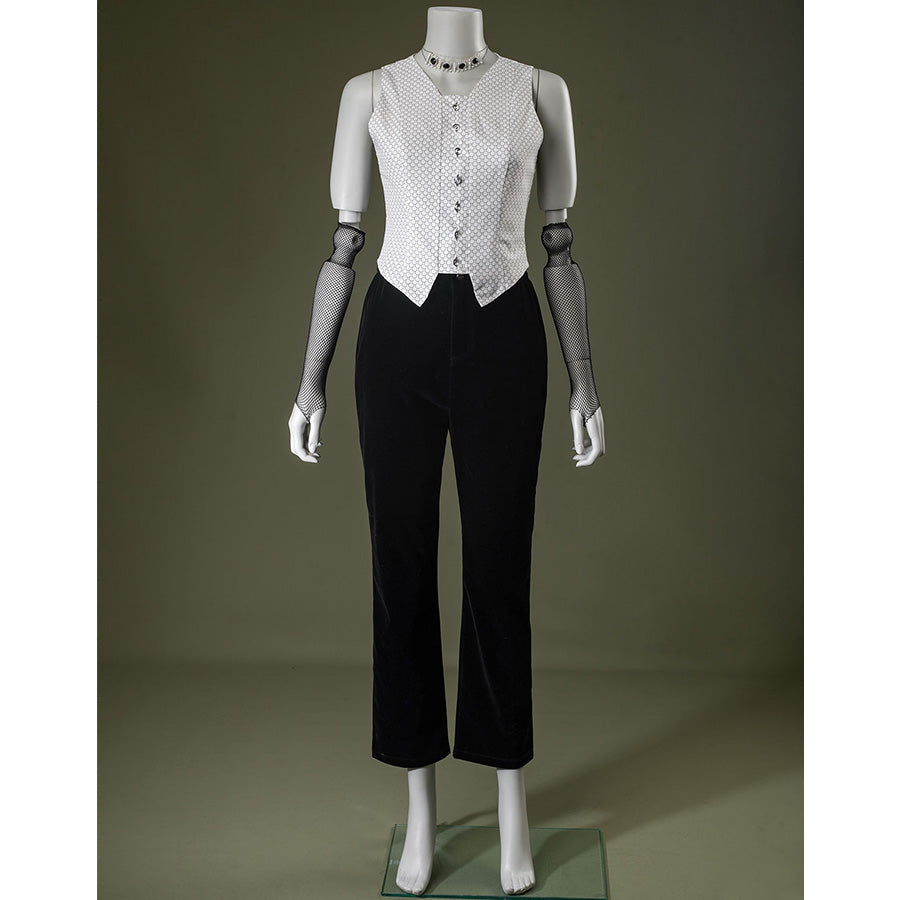 Black velvet Maestro cosplay costume with white patterned blouse and black pants