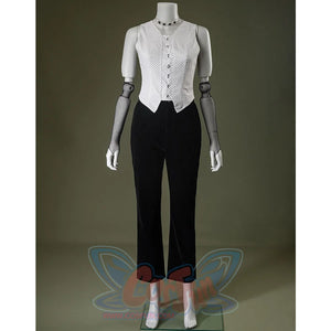 Black velvet Maestro cosplay costume with white patterned blouse and black pants