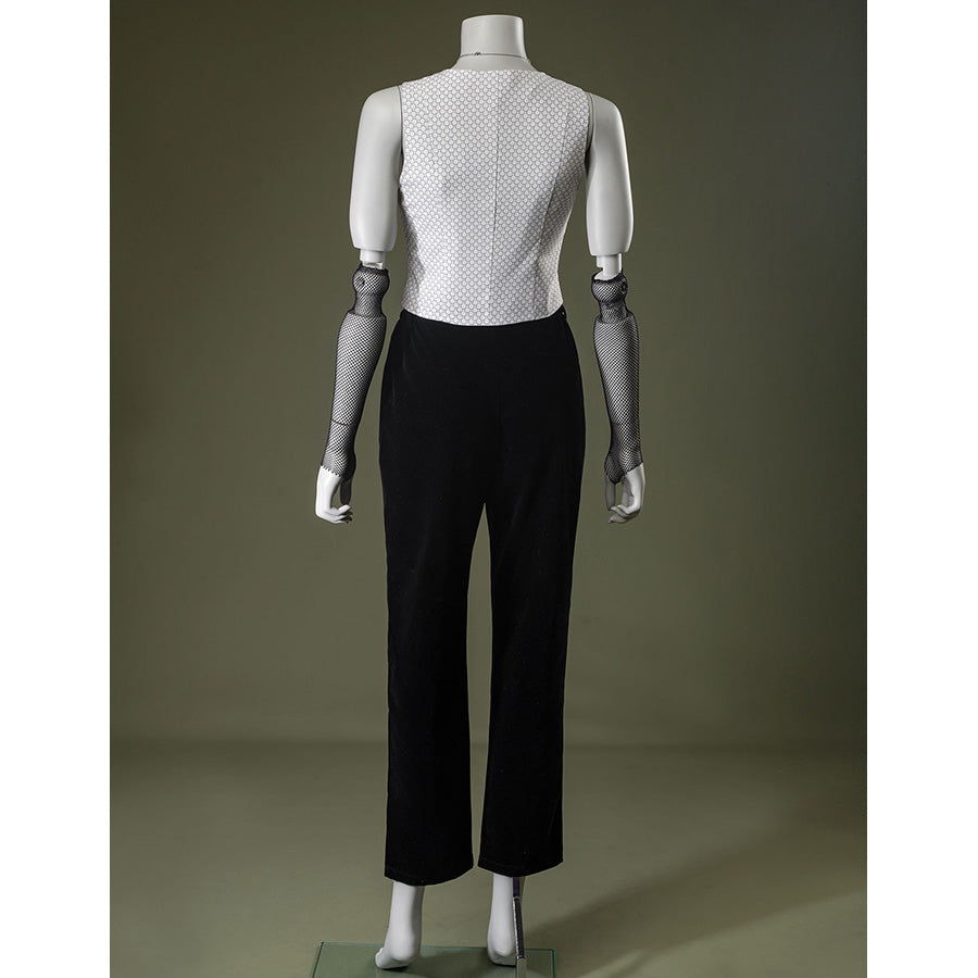 Black velvet Maestro cosplay costume with white patterned blouse and black pants