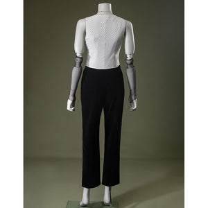 Black velvet Maestro cosplay costume with white patterned blouse and black pants