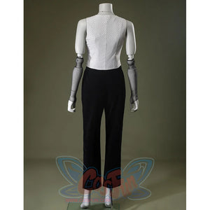 Black velvet Maestro cosplay costume with white patterned blouse and black pants