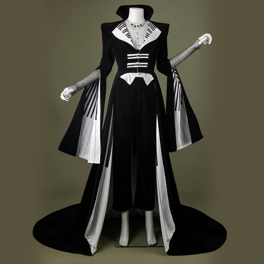 Black velvet Maestro cosplay costume with white piano key pattern, front view