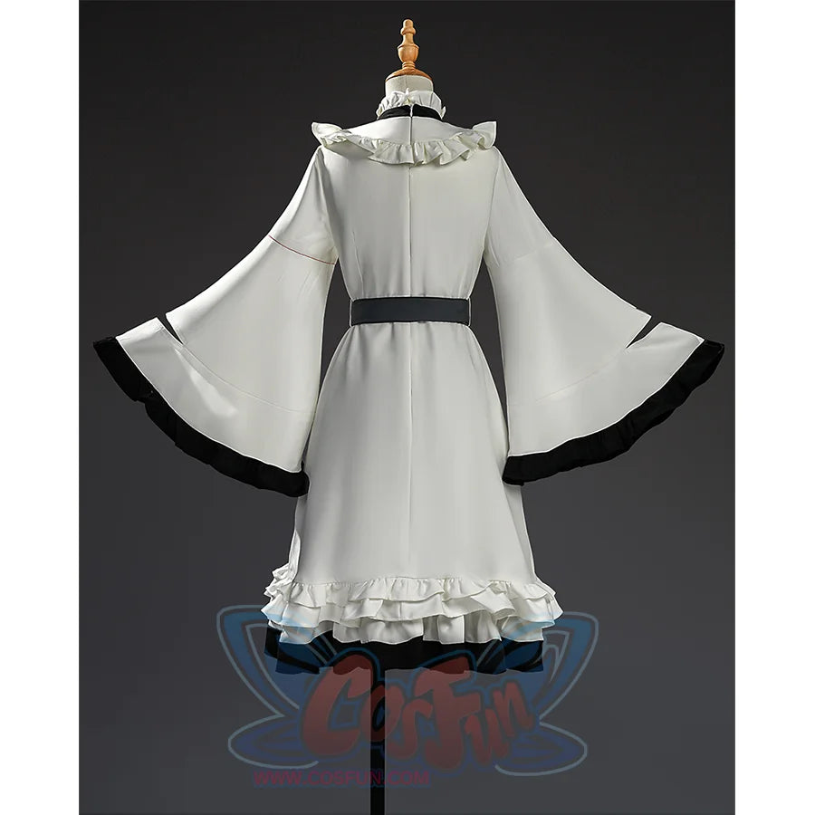 Hikami Meruru cosplay costume front view with white dress, cape sleeves and black ribbons