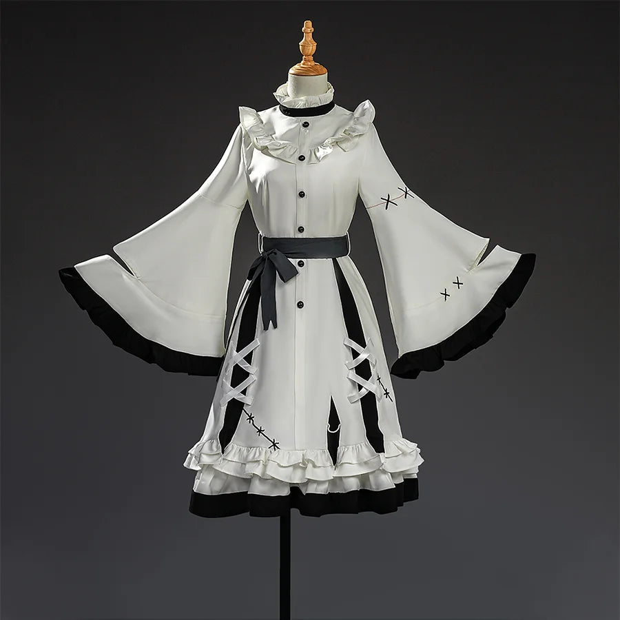 Hikami Meruru cosplay costume front view with white dress, cape sleeves and black ribbons
