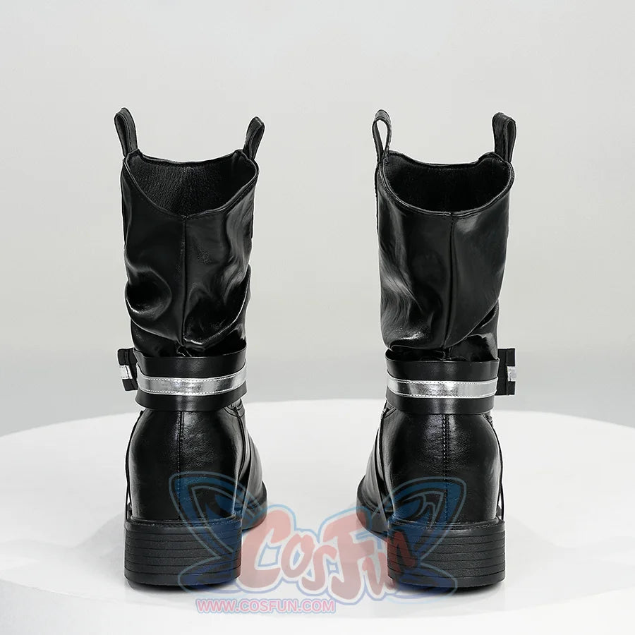 Kurobe Nanoka cosplay boots back view displaying silver buckle straps and slouchy mid-calf design in glossy black PU leather