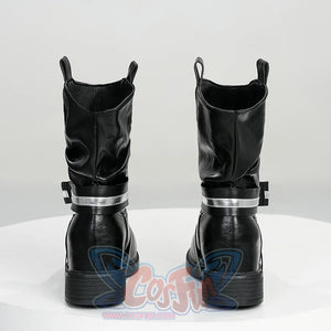 Kurobe Nanoka cosplay boots back view displaying silver buckle straps and slouchy mid-calf design in glossy black PU leather