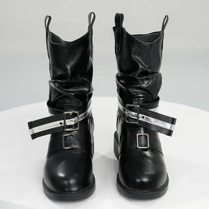 Black Kurobe Nanoka cosplay boots with silver buckled straps, front view showcasing mid-calf design and PU leather material